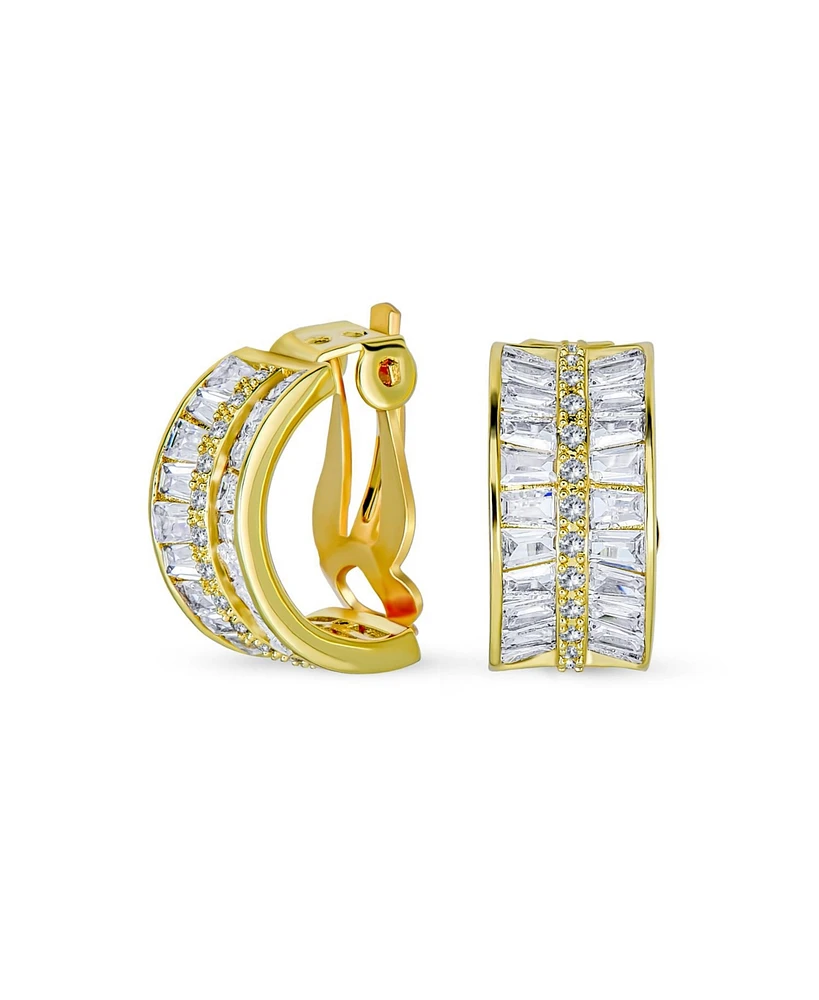 Bling Jewelry Art Deco Style Statement Cz Half Hoop Baguette Earrings For Women Prom Holiday Formal Party Clip On Yellow Gold Plated