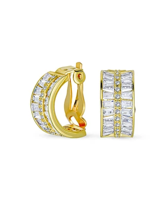 Bling Jewelry Art Deco Style Statement Cz Half Hoop Baguette Earrings For Women Prom Holiday Formal Party Clip On Yellow Gold Plated