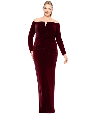 Xscape Plus Velvet Notch-Neck Off-The-Shoulder Gown