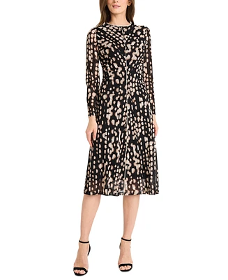 Maggy London Women's Printed Long-Sleeve Pleated Dress