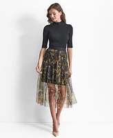 Dkny Women's Printed Logo-Waistband Tulle Mesh Skirt