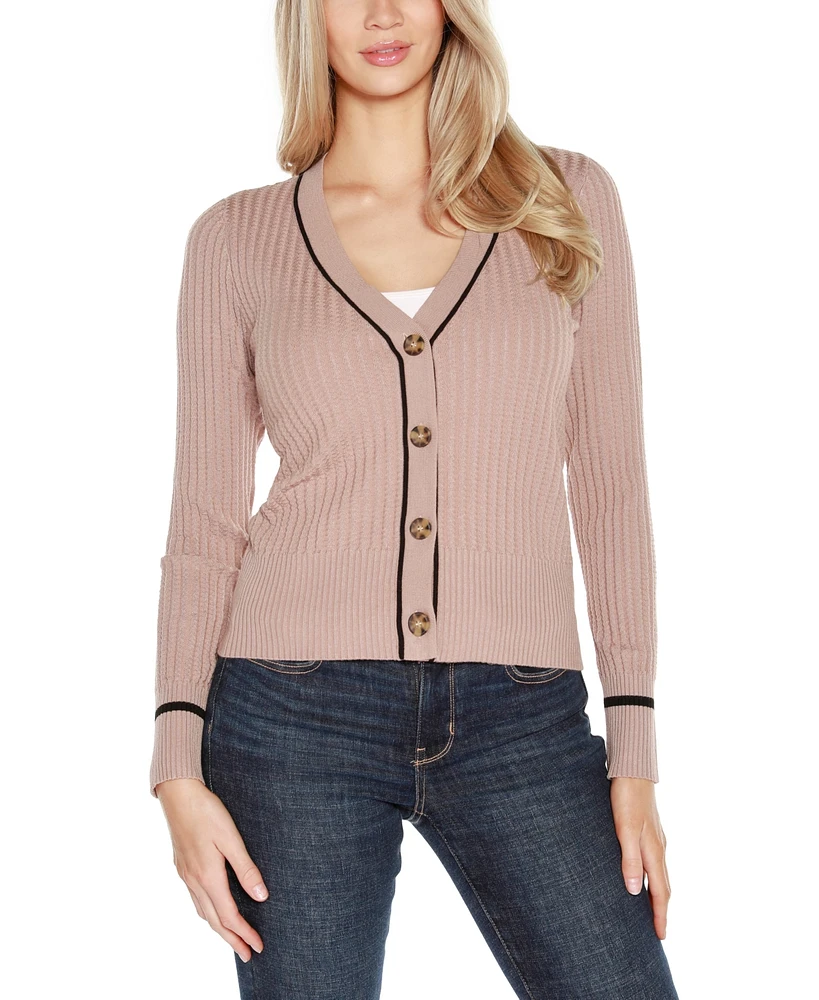 Belldini Women's Tipped Textured-Stich Cardigan Sweater