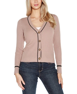 Belldini Women's Tipped Textured-Stich Cardigan Sweater