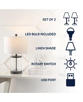 Jonathan Y Alexander 21" Modern Designer Iron/Water Glass Led Table Lamp with Usb Charging Port, Black/Clear (Set of 2)