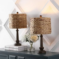 Jonathan Y Leona 21.25" Rustic Farmhouse Handwoven Water Hyacinth/Resin Led Table Lamp, Brown Wood Finish (Set of 2)