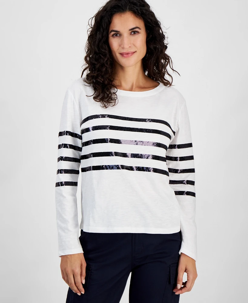 Nautica Jeans Women's Cotton Sequinned Stripe Top