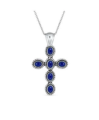 Bling Jewelry South Western Style Blue Natural Lapis Lazuli Rope Bezel Set Cross Pendant Sterling Silver Necklace 18 In Chain 1.5 In