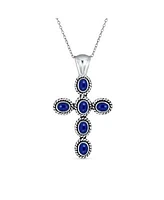 Bling Jewelry South Western Style Blue Natural Lapis Lazuli Rope Bezel Set Cross Pendant Sterling Silver Necklace 18 In Chain 1.5 In