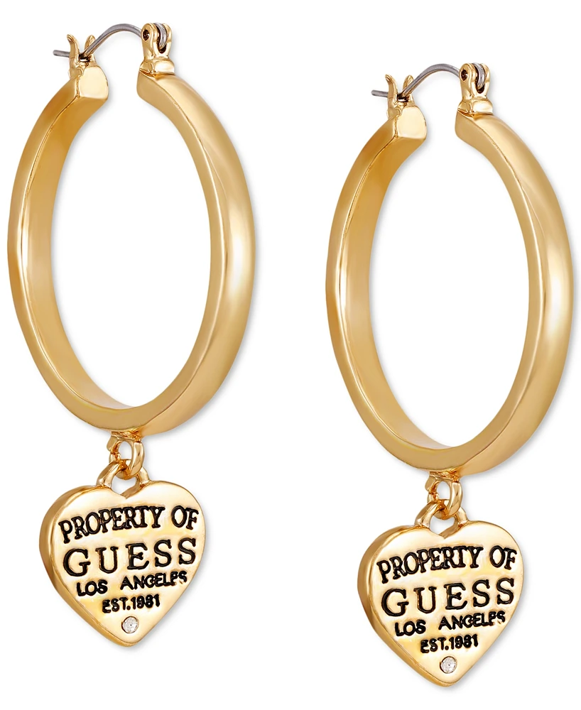 Guess Gold-Tone Pave & Logo Heart Charm Hoop Earrings