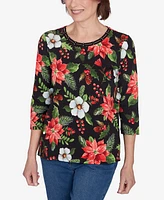 Alfred Dunner Petite Classics Poinsettia Classic Holiday Top