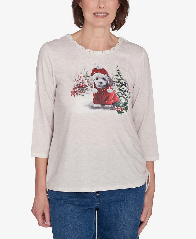 Alfred Dunner Petite Classics Festive Poodle Drawstring Top