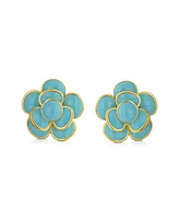 Bling Jewelry Simulated Turquoise Blue Enamel Button Style 3D Rose Flower Spring Retro Stud Earrings For Women Pierced Ears Gold Plated Brass