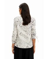 Desigual Women's Blouse with adjustable sleeves and text prints.