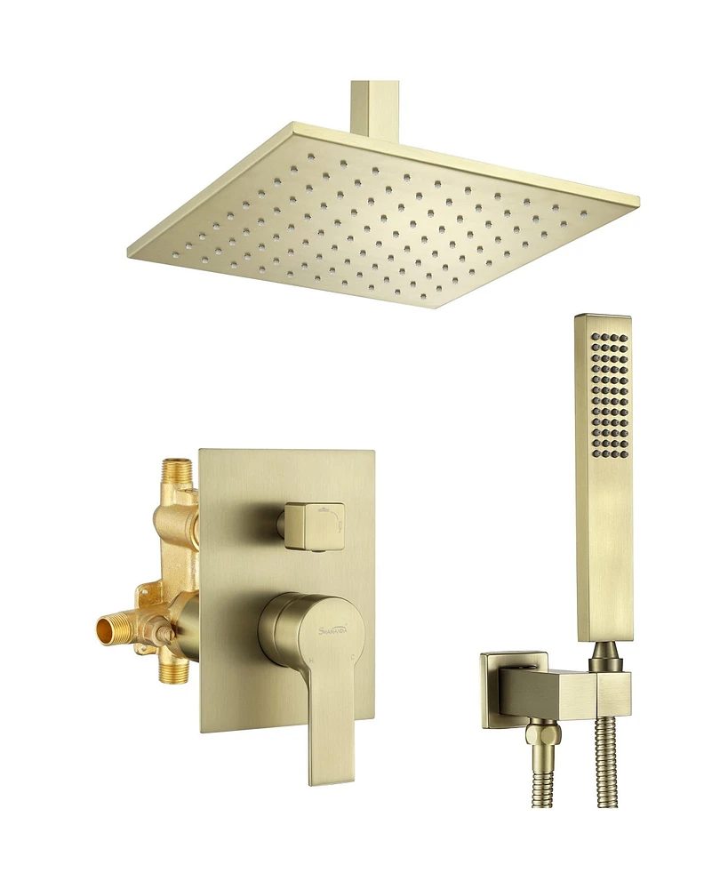 Boyel Living 1-Spray Patterns with 2.38 Gpm 10 in. Ceiling Mount Dual Shower Heads with Rough-In Valve Body and Trim in Brushed Gold