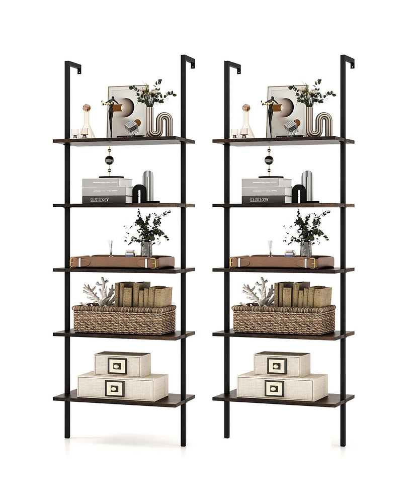 Gymax 2 Pcs 5 Tier Ladder Shelf 71'' Wall-Mounted Bookshelf Display Storage Organizer