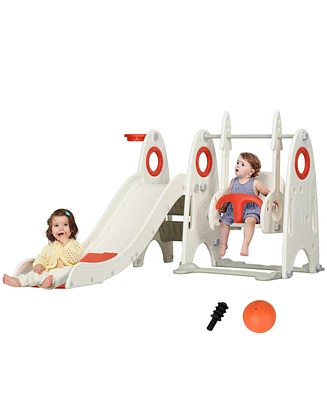 Qaba Toddler Swing and Slide Set with Basketball Hoop, Rocket Theme,