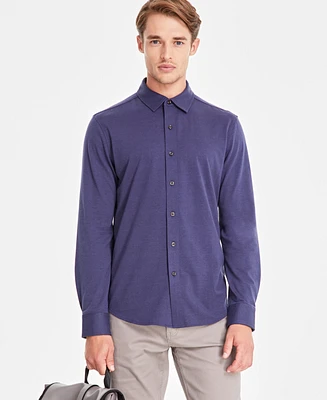 Alfani Men's Classic-Fit Heathered Jersey-Knit Button-Down Shirt, Created for Macy's