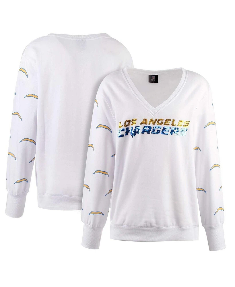 Cuce Women's White Los Angeles Chargers Sequin Fleece V-Neck T-Shirt