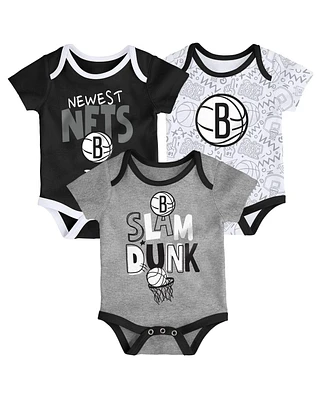 Outerstuff Baby Boys and Girls Black/White/Gray Brooklyn Nets Slam Dunk 3-Piece Bodysuit Set