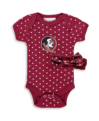 Two Feet Ahead Girls Baby Boys and Garnet Florida State Seminoles Hearts Bodysuit Headband Set