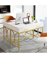 Tribesigns Modern Computer Desk with 2 Drawers, 41 Inches Study Writing Office Desk for Home Office, Bedroom, Makeup Vanity Table Desk with Gold Metal