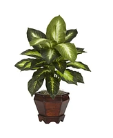 Slickblue Silk Golden Dieffenbachia Plant in Wood Vase for Natural Home Decor (Set of 2)