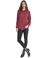 Dkny Jeans Petite Buttoned-Cuff Fold-Collar Blouse