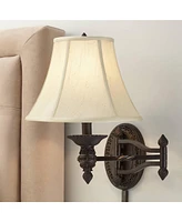 Godia French Country Indoor Swing Arm Wall Lamp Bronze Plug-In Light Fixture Dimmable Beige Softback Bell Shade for Bedroom Bedside House Reading Livi