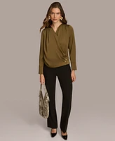 Donna Karan New York Women's Long Sleeve Faux-Wrap Satin Blouse