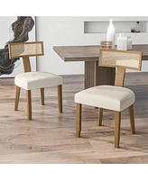 Sugift Set of 2 Linen Fabric Upholstered Accent Dining Chairs with Curved Rattan Backrests-Beige