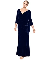 Xscape Plus Ruffled Long-Sleeve Velvet Gown