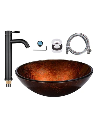 Aquaterior Tempered Glass Vessel Sink w/ Orb Single Hole Faucet Mounting Ring