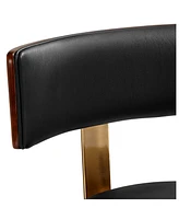 Studio 55D Parker Walnut Wood Gold Metal Bar Stool Brown 25 1/2" High Mid Century Modern Black Leather Upholstered with Backrest Footrest for Kitchen
