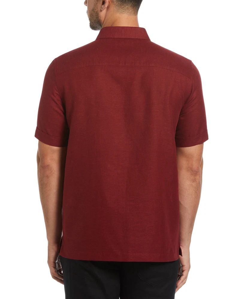 Cubavera Men's Linen Blend Yarn Dyed Short Sleeve Button-Down Panel Shirt