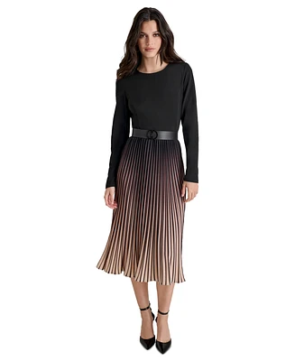 Dkny Petite Belted Ombre Long-Sleeve Pleated-Skirt Dress