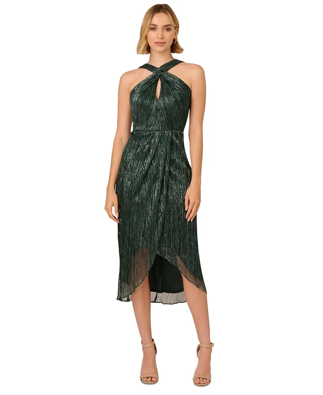 adrianna papell women's crinkle metallic halter midi dress Black Metallic Crinkle Floral Midi Halter Dress