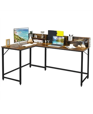 Gymax 65.5'' L-shaped Computer Desk Home Office Corner Table w/Bookshelf Rustic