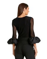 Mac Duggal Women's Mesh Long Sleeve Bodysuit With Satin Puff Sleeves