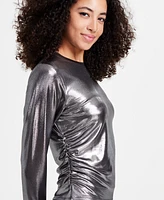 Bar Iii Petite Ruched Long-Sleeve Metallic Top, Created for Macy's