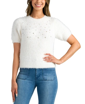 Bcx Juniors' Crewneck Embellished Short-Sleeve Sweater