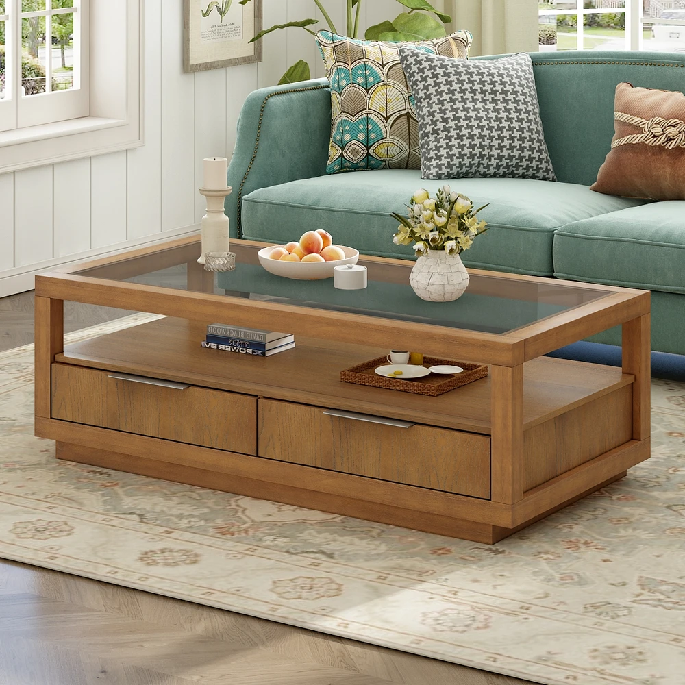 Streamdale Furniture Minimalist Wood & Glass Coffee Table with Drawers and Shelf