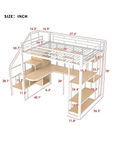 Metal Loft Bed with Staircase, Wardrobe, Desk, & Shelves