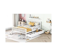 Full Size Wood Platform Bed with Guardrails on Both Sides and Two Storage Drawers, Gray