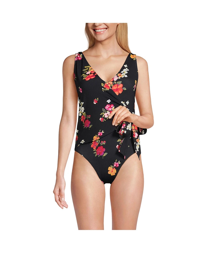 Lands' End Women's Side Tie V-neck Wrap High Leg One Piece Swimsuit