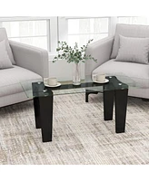 Sugift 39.5 Inch Glass Coffee Table Modern Rectangular Center Table with Solid Rubber Wood Legs-Black
