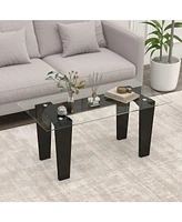 Sugift 39.5 Inch Glass Coffee Table Modern Rectangular Center Table with Solid Rubber Wood Legs-Black