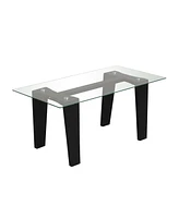 Sugift 39.5 Inch Glass Coffee Table Modern Rectangular Center Table with Solid Rubber Wood Legs-Black