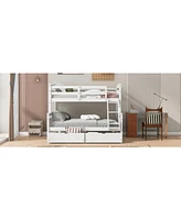 Twin over Full Bunk Bed with Ladder, Two Storage Drawers, Safety Guardrail, Gray