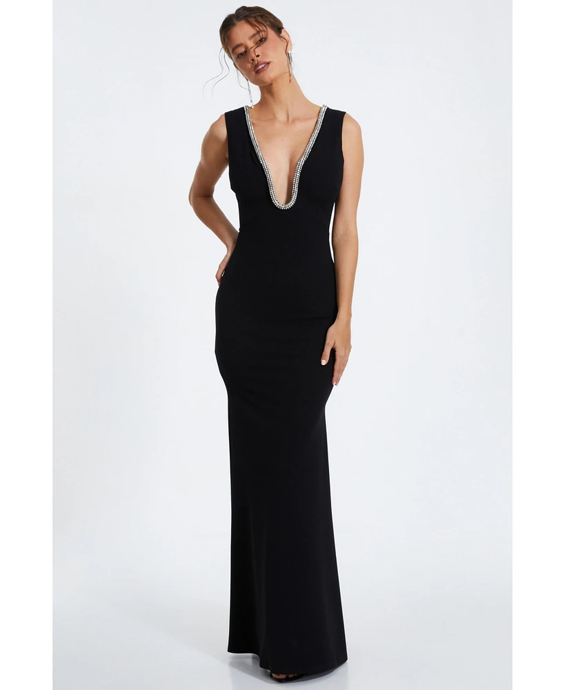 Quiz Women's Scuba Crepe Diamante Trim Fishtail Maxi Dress