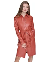 Halston Women's Faux-Leather Tie-Waist Shirtdress